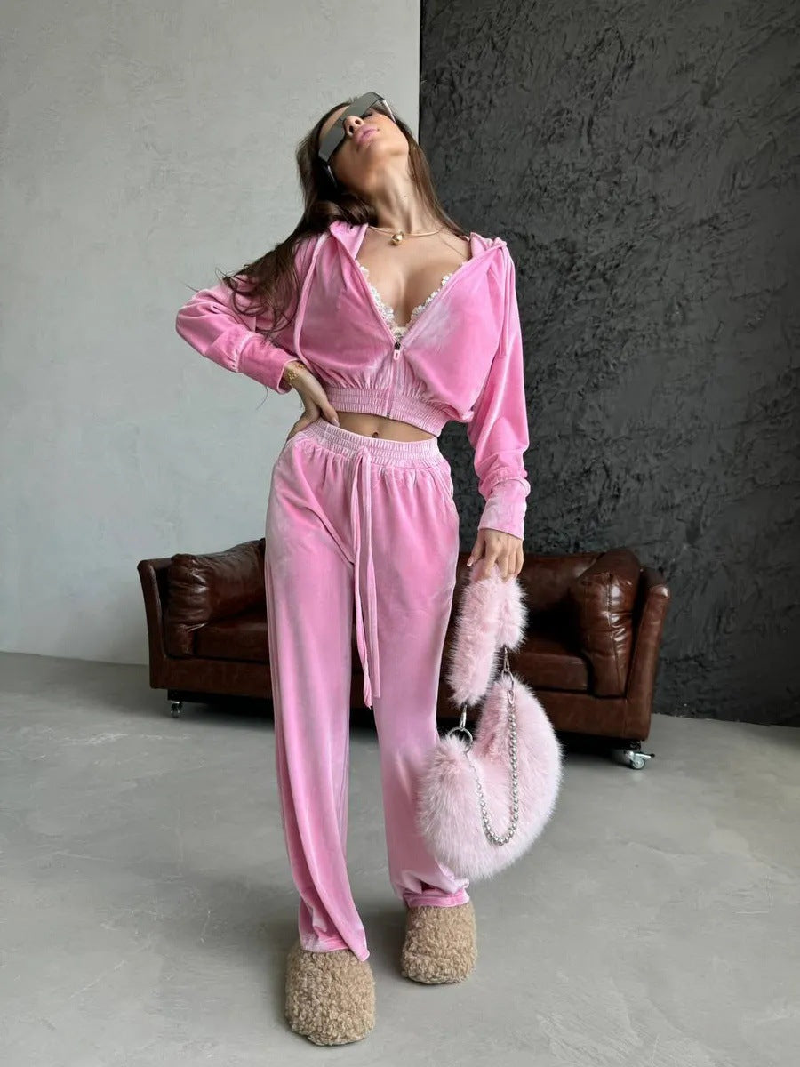 Damen luxuriöser Samt Zweiteiler Jogginganzug mit Cropped Reißverschluss und weiten Hosen – Auréline