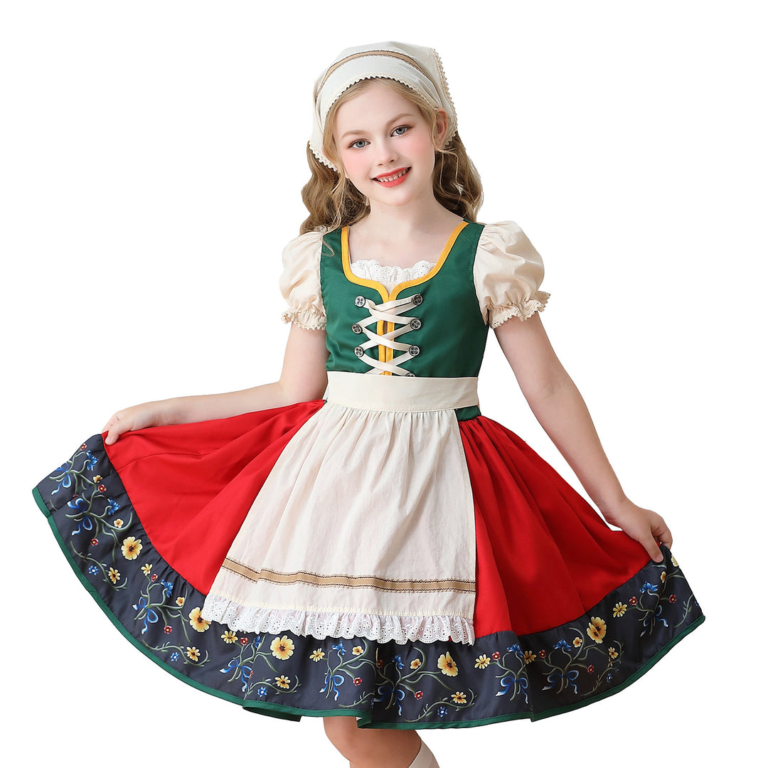Damen nan traditionelles Kinderdirndl Kleid mit dekorativer Schnürung Schürze und Spitzenkopftuch Echo Archiv