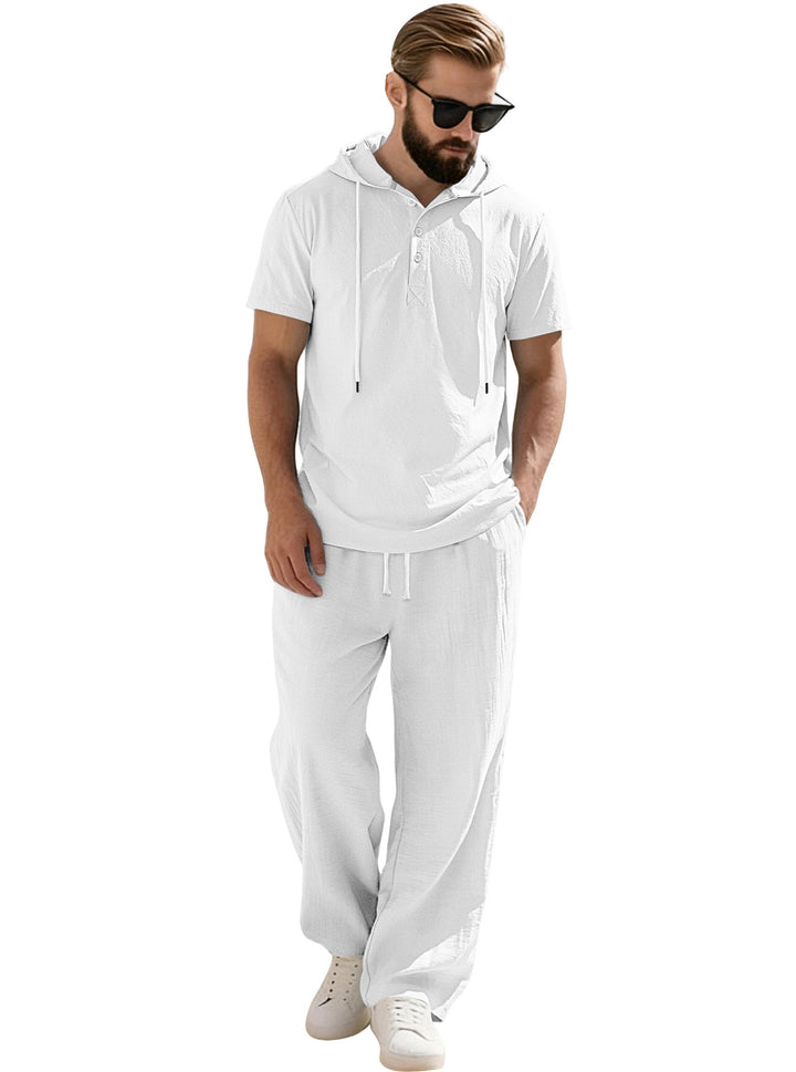 Herren nan lässiges Kurzarm-Kapuzenshirt im gekreppten Baumwollmix mit Henley-Knopfleiste Echo Archiv