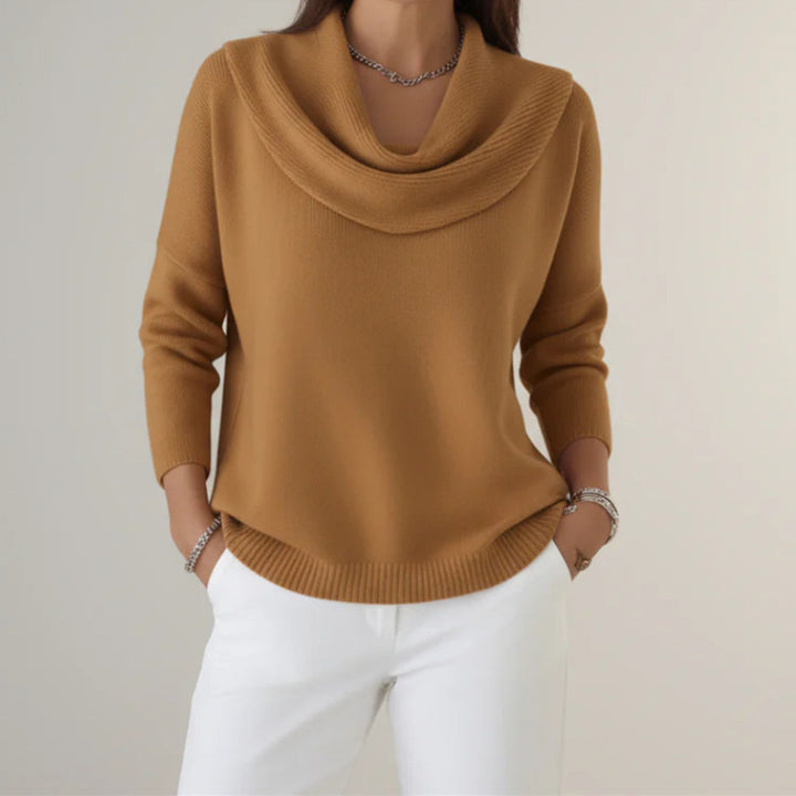 Damen Lässiger Schalkragen-Feinstrickpullover mit überschnittener Schulter und geripptem Saum – Mavelle