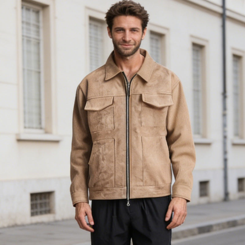Herren nan oversized Velourslederjacke mit Reißverschluss, Hemdkragen und aufgesetzten Pattentaschen Echo Archiv