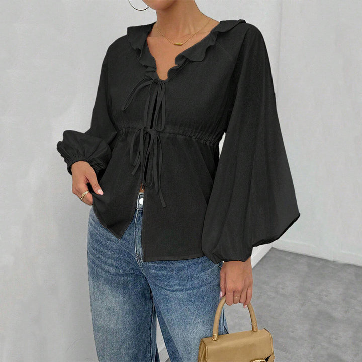 Damen lässige Rüschenbluse mit V‑Ausschnitt, Bindebändern und weiten Ballonärmeln – Élovi
