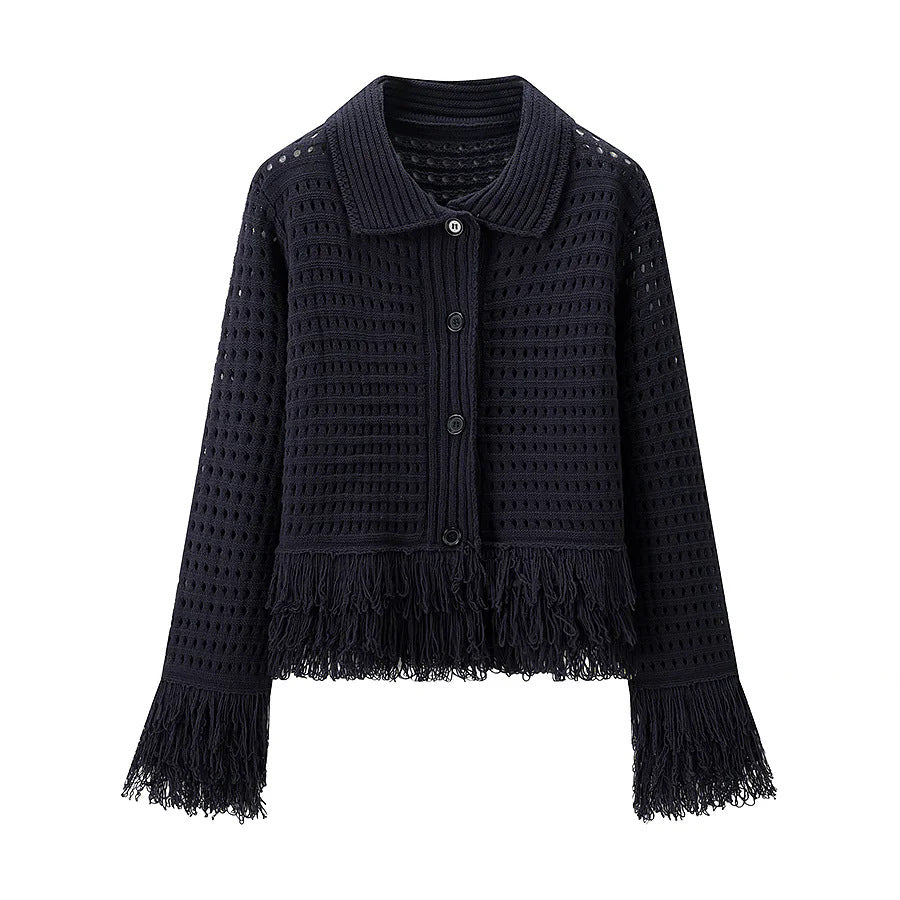 Damen nan gehäkelte Lochstrick-Cardigan mit Fransenbesatz und kastiger Silhouette Echo Archiv