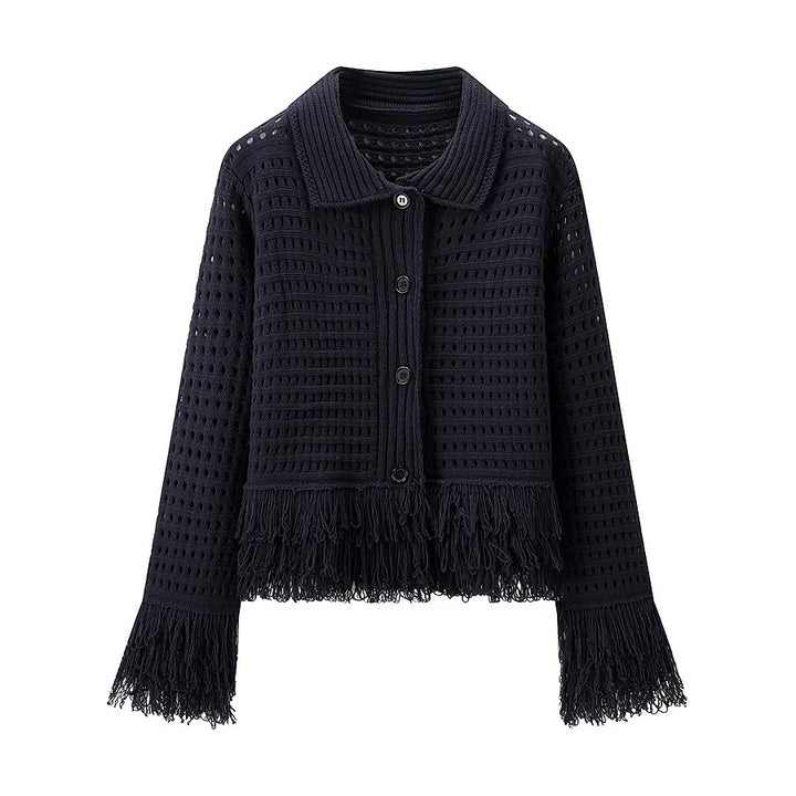 Damen nan gehäkelte Lochstrick-Cardigan mit Fransenbesatz und kastiger Silhouette Echo Archiv