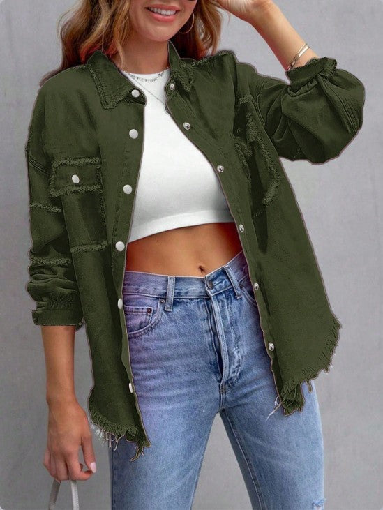 Damen Lässige Oversized-Denim-Hemdjacke mit Rohsaum und Pattentaschen Echo Archiv