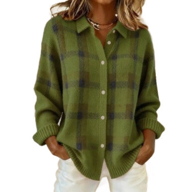 Damen Kariertes Strick-Hemdjacke-Cardigan mit Hemdkragen und gerippten Bündchen Echoarchiv