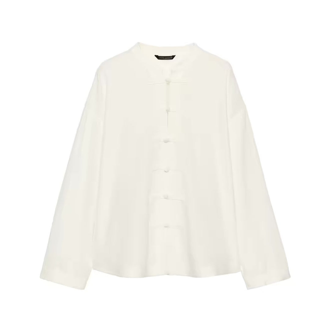 Damen Locker geschnittene Bluse im Mandarin‑Look mit Knotenknöpfen Echo Archiv