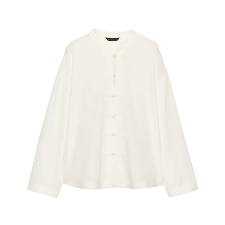 Damen Locker geschnittene Bluse im Mandarin‑Look mit Knotenknöpfen Echo Archiv