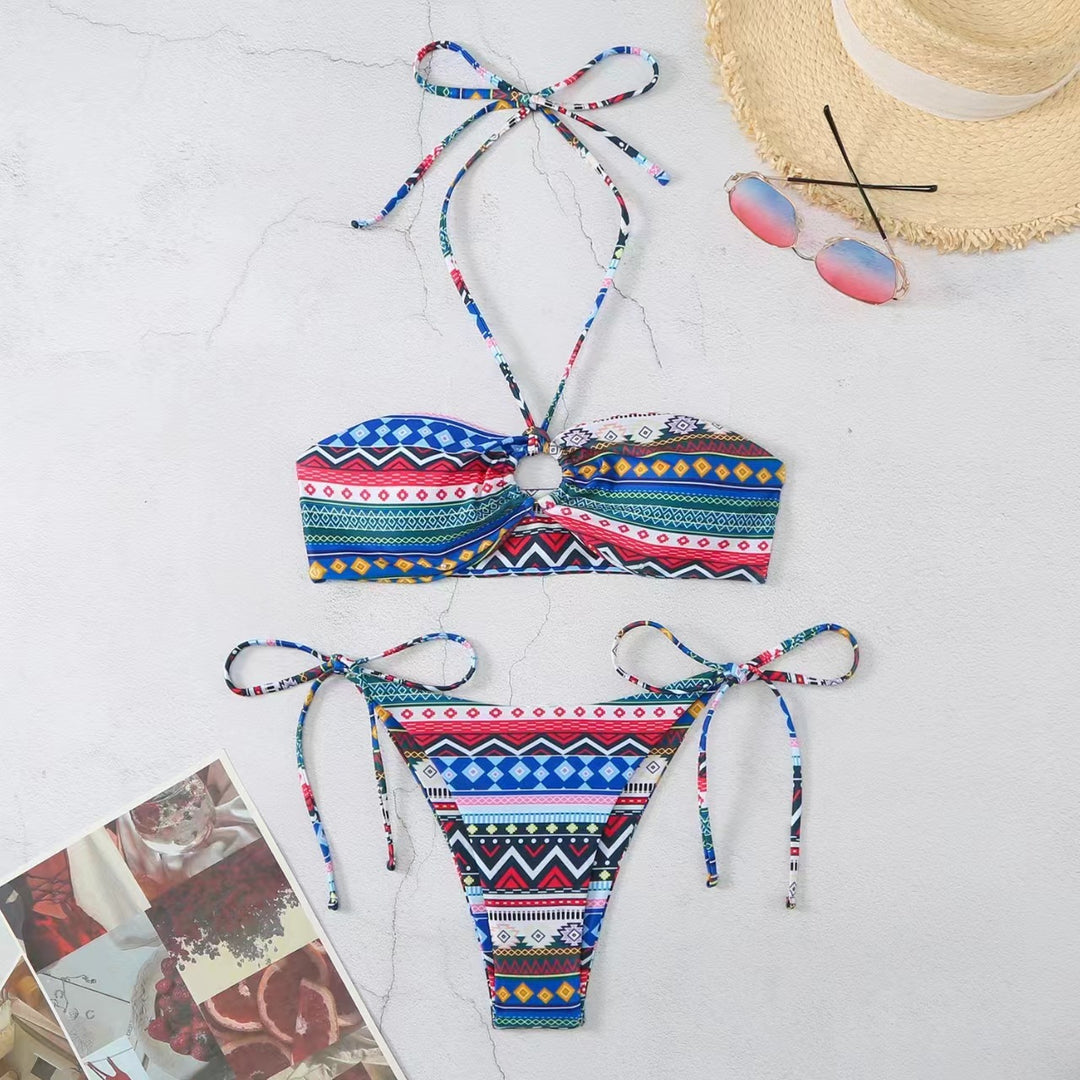 Damen Bikini-Set mit verspieltem Bindeband und geometrischem Muster Echo Archiv