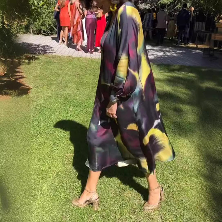 Damen nan fließendes Midikleid mit abstraktem Print, V-Ausschnitt, Ballonärmeln und Schmuckverschluss Echo Archiv