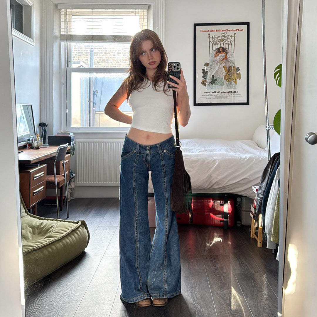 Damen Weite Jeanshose im Retro-Stil mit hohen Bund Echo Archiv