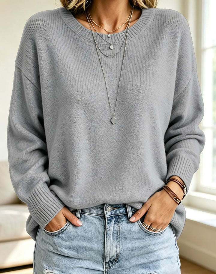Damen Leichter Cashmere‑Touch Pullover mit Rundhalsausschnitt, überschnittener Schulter und gerippten Bündchen – Mavelle