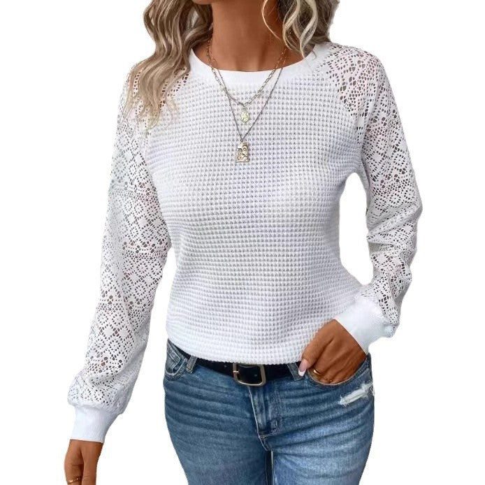 Damen nan Pullover mit Waffelstruktur, Raglanform und transparenter Spitzenärmel Echo Archiv