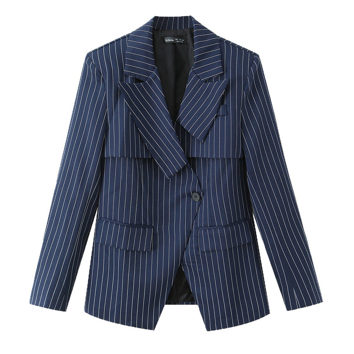 Damen Eleganter Nadelstreifen-Blazer mit asymmetrischem Revers und Pattentaschen Echoarchiv