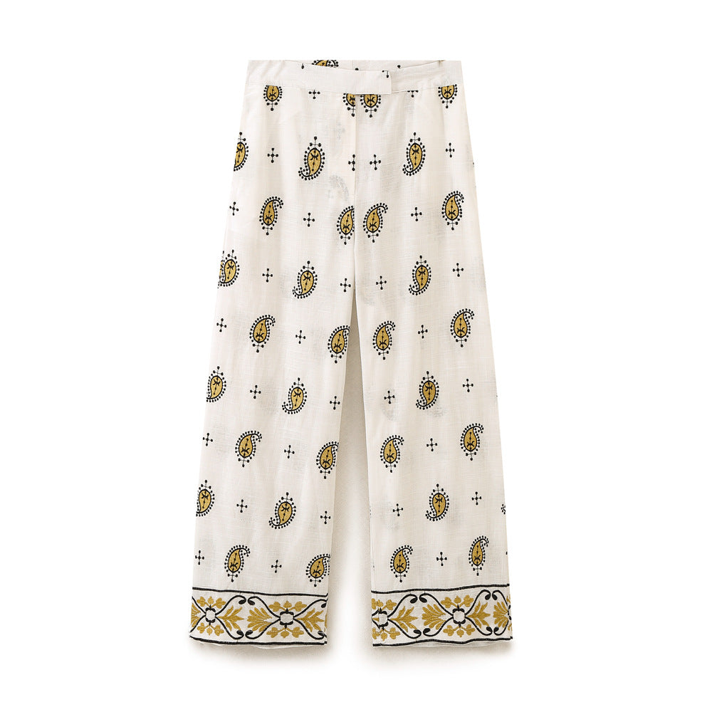 Damen Weite Leinenhose mit Paisley‑Print und besticktem Saum Echoarchiv