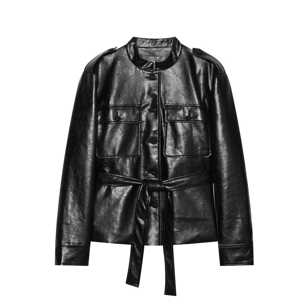 Damen Taillierter Kunstleder-Blouson mit Bindegürtel und Pattentaschen Echo Archiv
