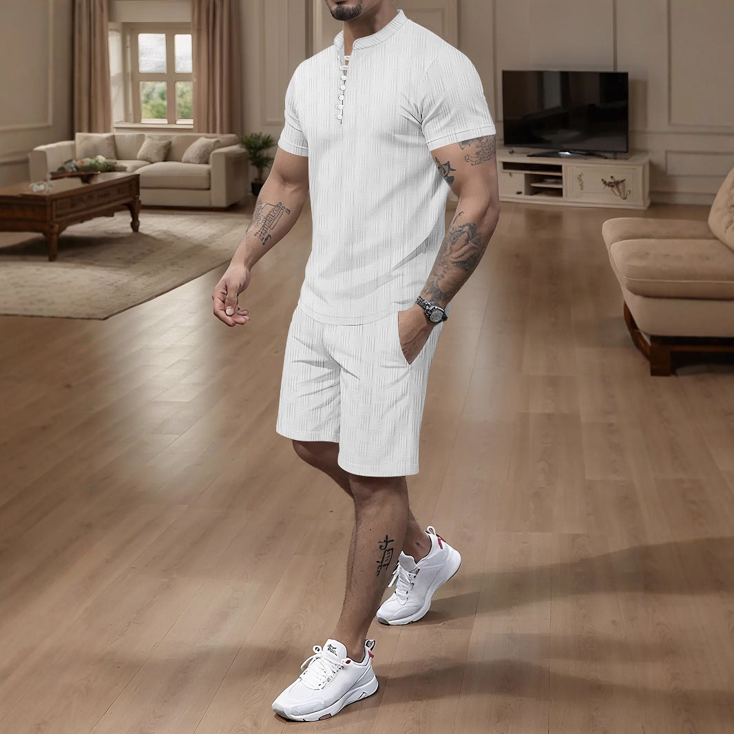 Herren modernes Kurzarm Jumpsuit mit aufgeknöpftem Stehkragen und strukturiertem Design Echoarchiv
