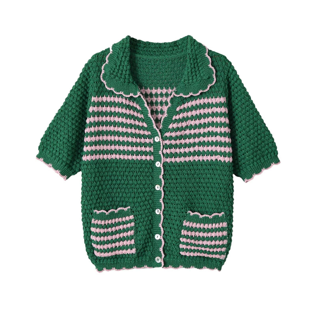 Damen Kurze gehäkelte Strickjacke mit Rüschenkragen und Kontraststreifen Echo Archiv
