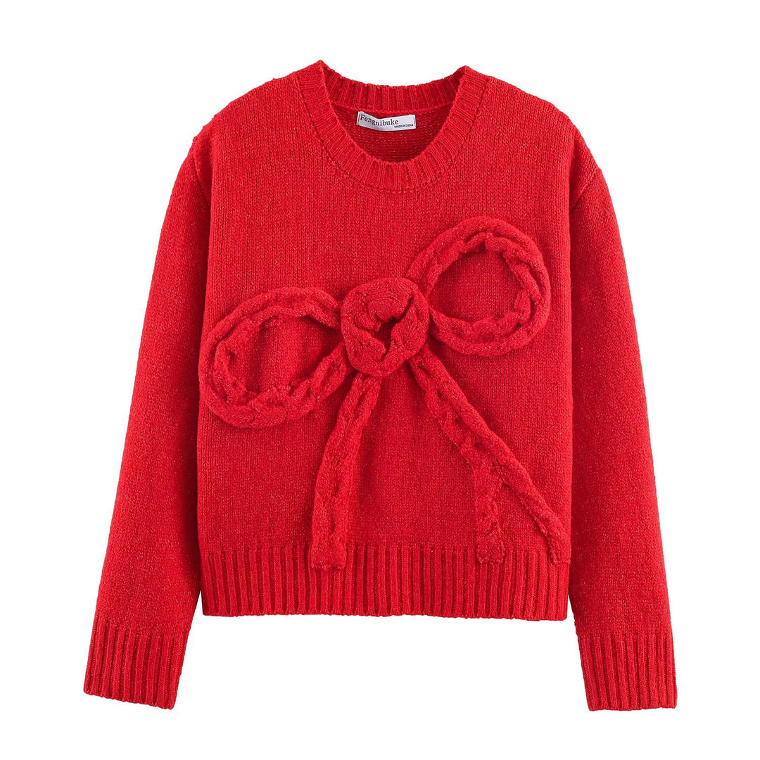 Damen Grobstrick-Pullover mit geflochtenem Schleifenapplikation Echoarchiv