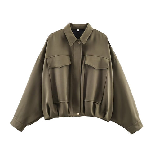 Damen oversized Utility-Jacke mit übergroßen Pattentaschen, überschnittener Schulter und elastischem Bund – Célinea