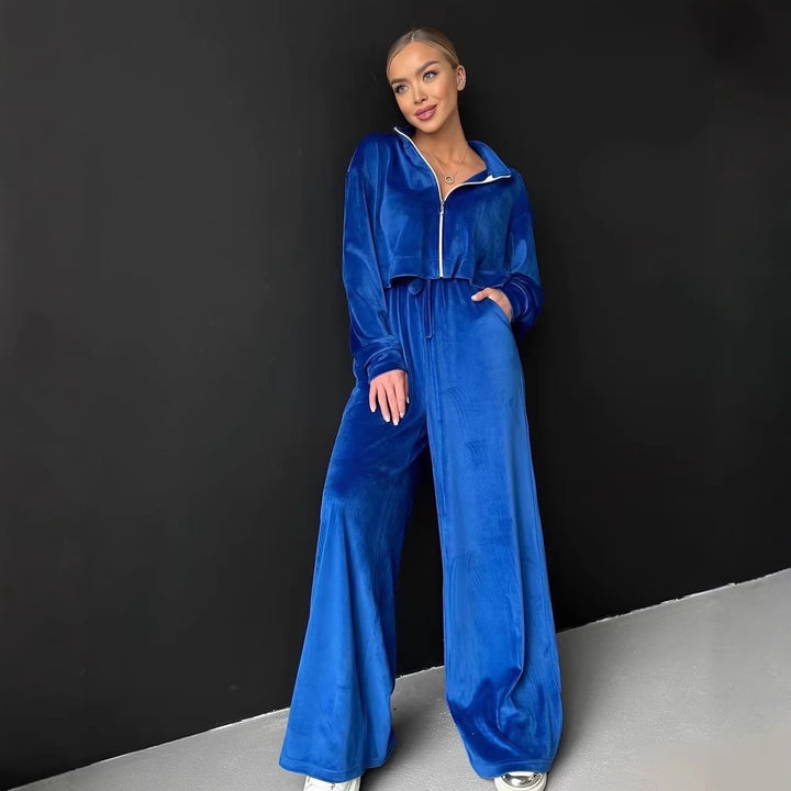 Damen gekürztes Velours-Cropped-Hoodie mit Stehkragen und elastischer High-Waist-Palazzo-Jogginghose – Auréline