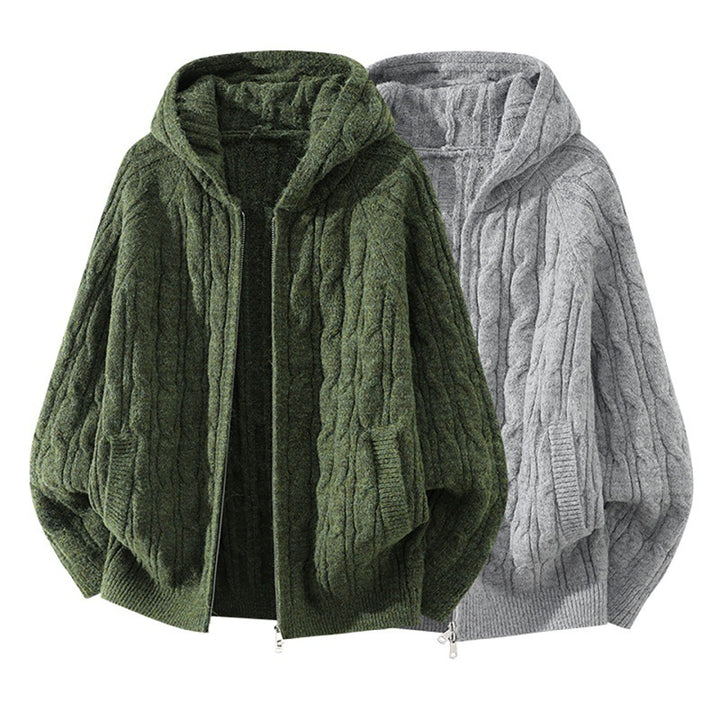 Damen Oversize Zopfstrick-Kapuzencardigan mit durchgehendem Reißverschluss und Ballonärmeln Echoarchiv