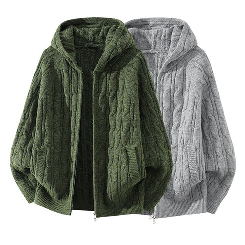 Damen Oversize Zopfstrick-Kapuzencardigan mit durchgehendem Reißverschluss und Ballonärmeln Echoarchiv