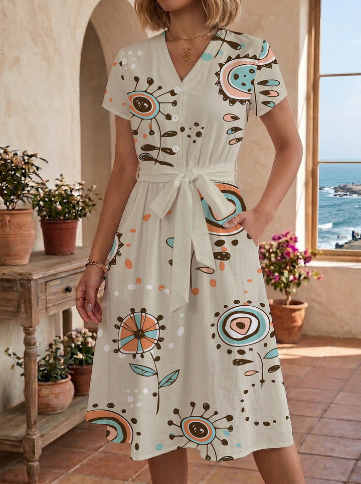 Damen Midikleid mit farbenfrohem Blumendesign und taillierbarem Bindegürtel Echo Archiv