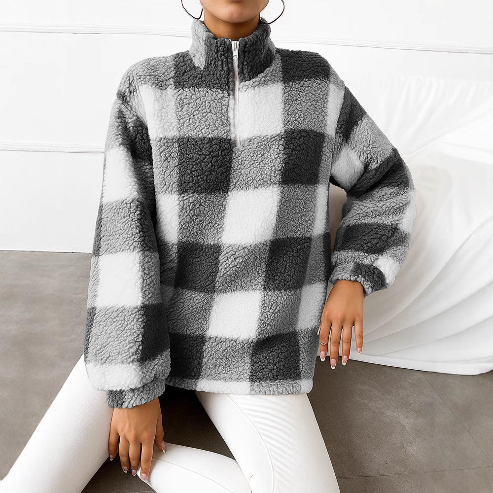 Damen nan kariertes Teddy-Fleece Pullover mit Stehkragen und halbhohem Reißverschluss Echo Archiv