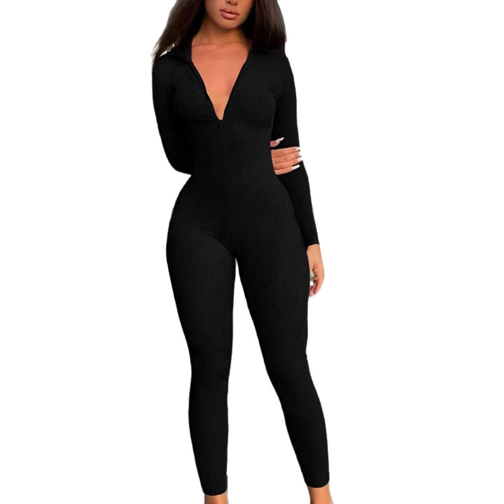 Damen Figurbetonter Rippstrick Jumpsuit mit Reißverschluss und Hemdkragen Echoarchiv
