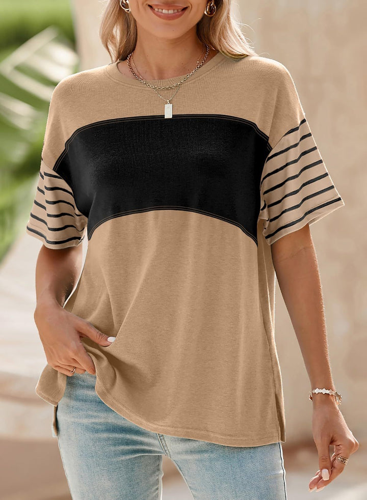 Damen Oversize-Shirt mit Kontrastpaneel, gestreiften Ärmeln und Seitenschlitzen Echo Archiv