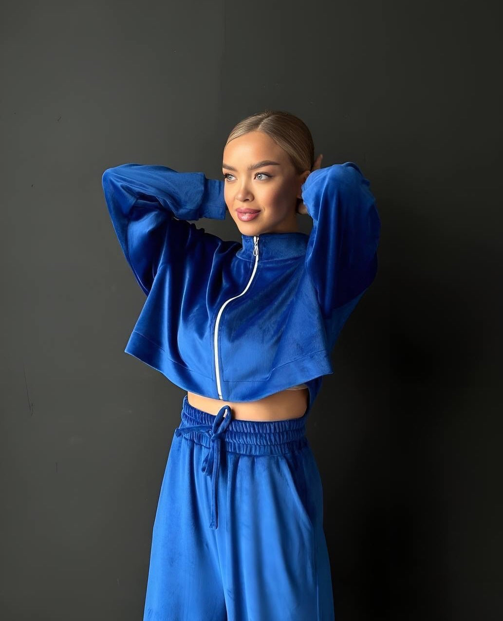 Damen gekürztes Velours-Cropped-Hoodie mit Stehkragen und elastischer High-Waist-Palazzo-Jogginghose – Auréline