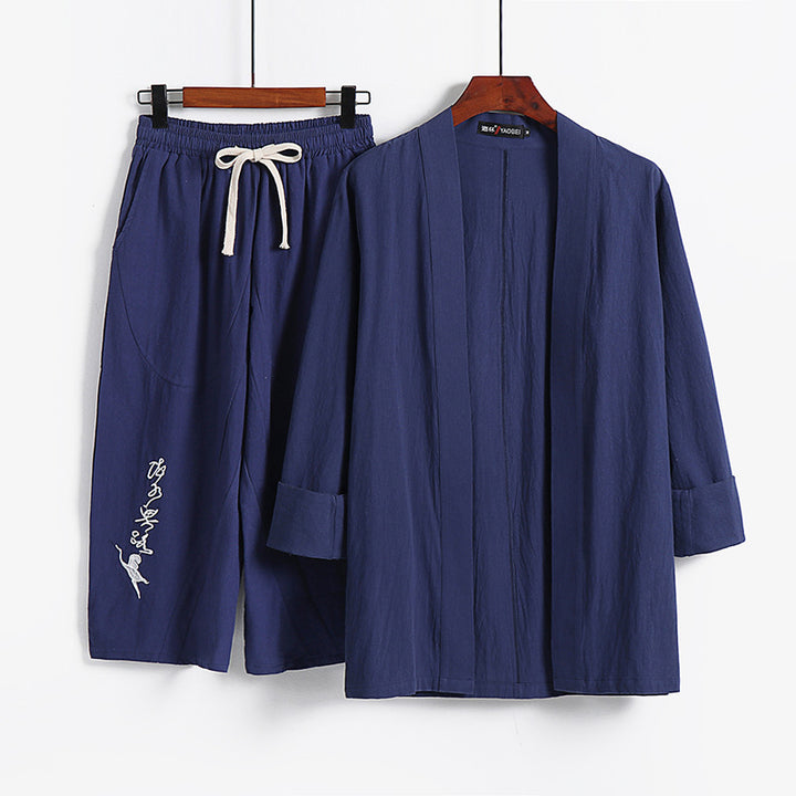 Damen Kimono-Set aus leichter Baumwollmischung offene Jacke mit lässig gekrempelten Ärmeln und weiter Haremshose mit Kordelzug Echoarchiv