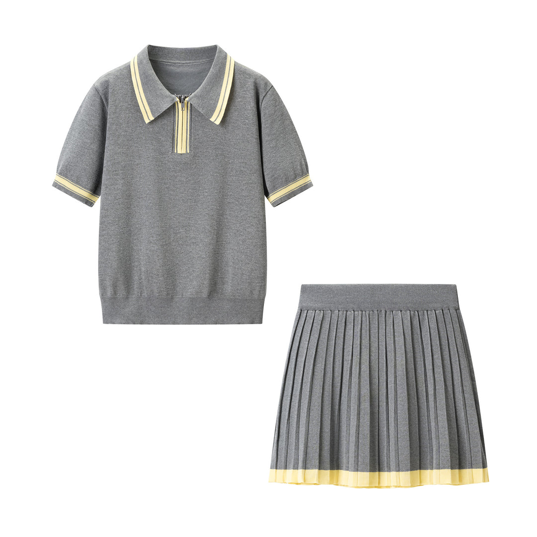 Damen Zweiteiliges Strick-Set mit Poloshirt und plissiertem Midirock Echo Archiv