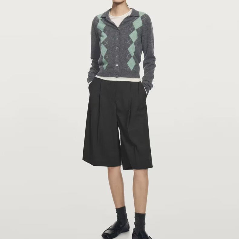 Damen Feinstrick-Cardigan mit Argyle‑Muster, Polokragen und tailliertem Cropped‑Schnitt Echoarchiv