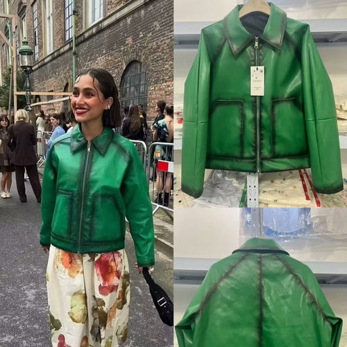 Damen Boxy-Kunstlederjacke mit großem Hemdkragen und durchgehendem Reißverschluss Echoarchiv