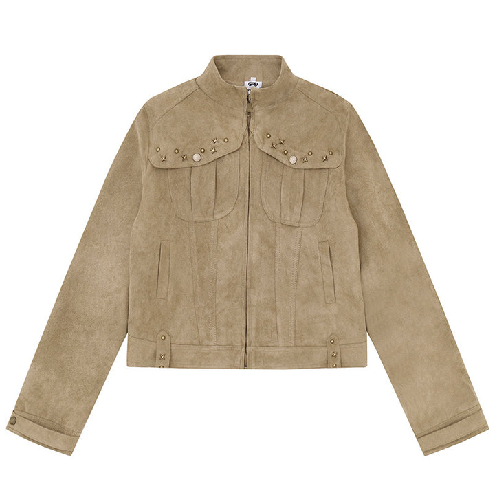 Damen Kurz geschnittene Velourslederjacke mit Stehkragen, Zier‑Nieten und Pattentaschen Echoarchiv