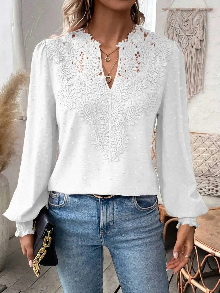 Damen nan Spitzenapplikation V-Ausschnitt Bluse mit Strukturpunkt, gerafften Manschetten und leicht taillierter Silhouette Echo Archiv