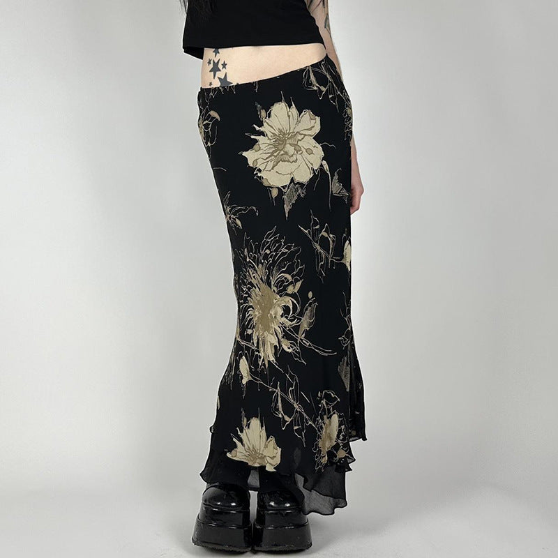 Damen Eleganter Maxirock mit floralem Muster und transparentem Untergrund Echo Archiv