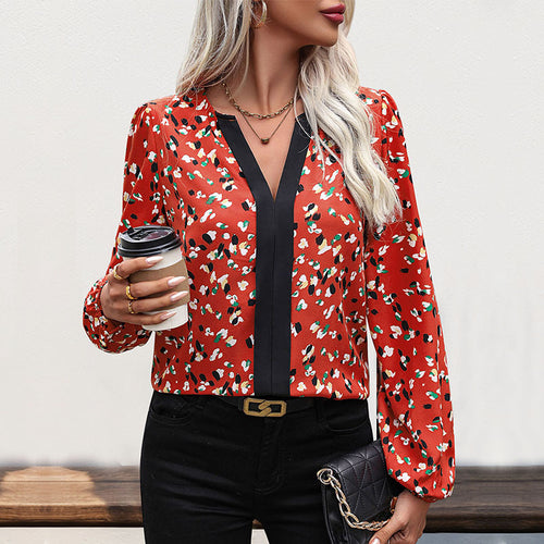 Damen Leichte Langarm-Bluse mit kontrastierender Blende und abstraktem Allover-Print Echoarchiv