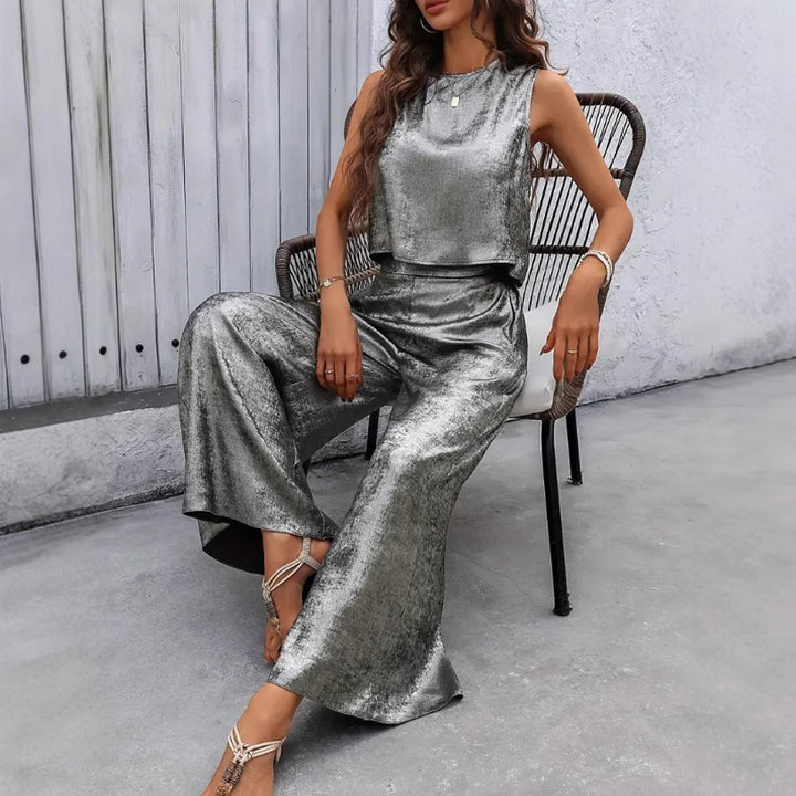 Damen Glänzendes Set aus ärmellosem Oberteil und weitem Hosen Echo Archiv