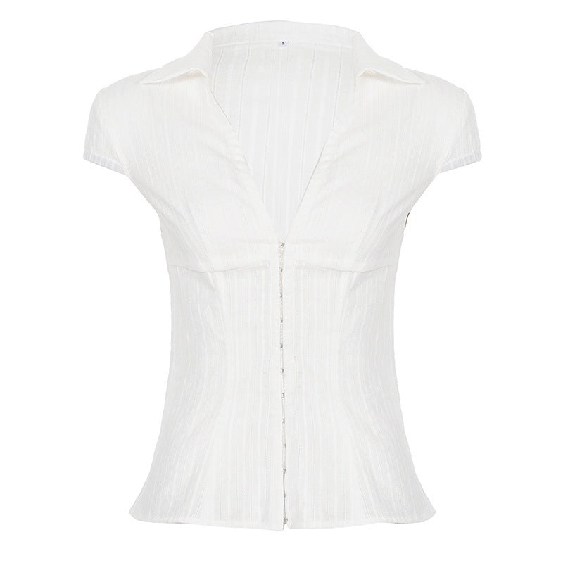Damen Elegantes kurzärmliges Blusenshirt mit schickem Stehkragen und Reißverschluss Echo Archiv