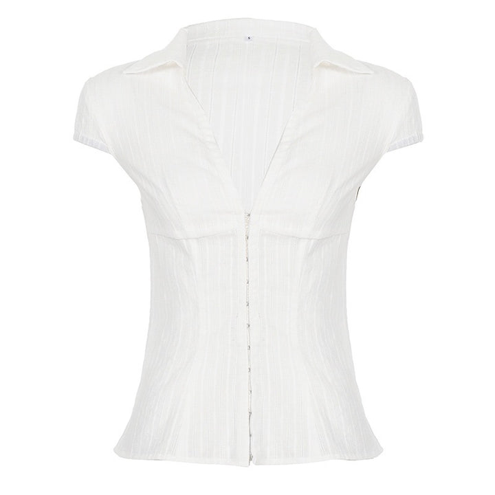 Damen Elegantes kurzärmliges Blusenshirt mit schickem Stehkragen und Reißverschluss Echo Archiv
