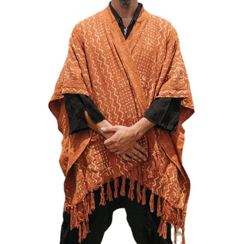 Herren lässiger Poncho mit einzigartigem Mustermix und Fransen Echoarchiv
