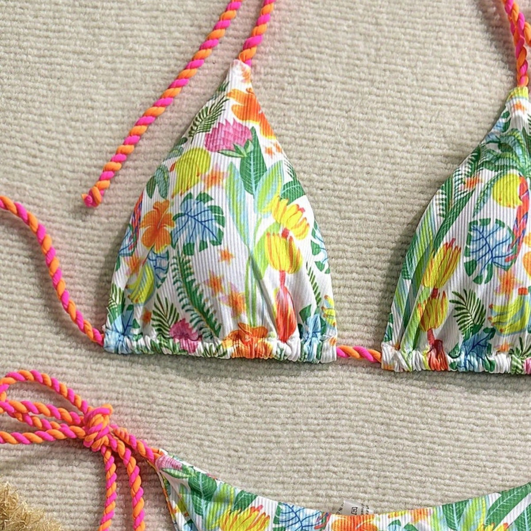 Damen Triangel-Bikini mit buntem Blumenmuster und trendigen Bindebändern Echo Archiv
