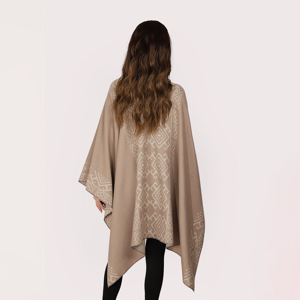 Damen Reversibler Wollmix-Cape mit Bindeschlaufe und feinem Jacquardmuster – Avérine