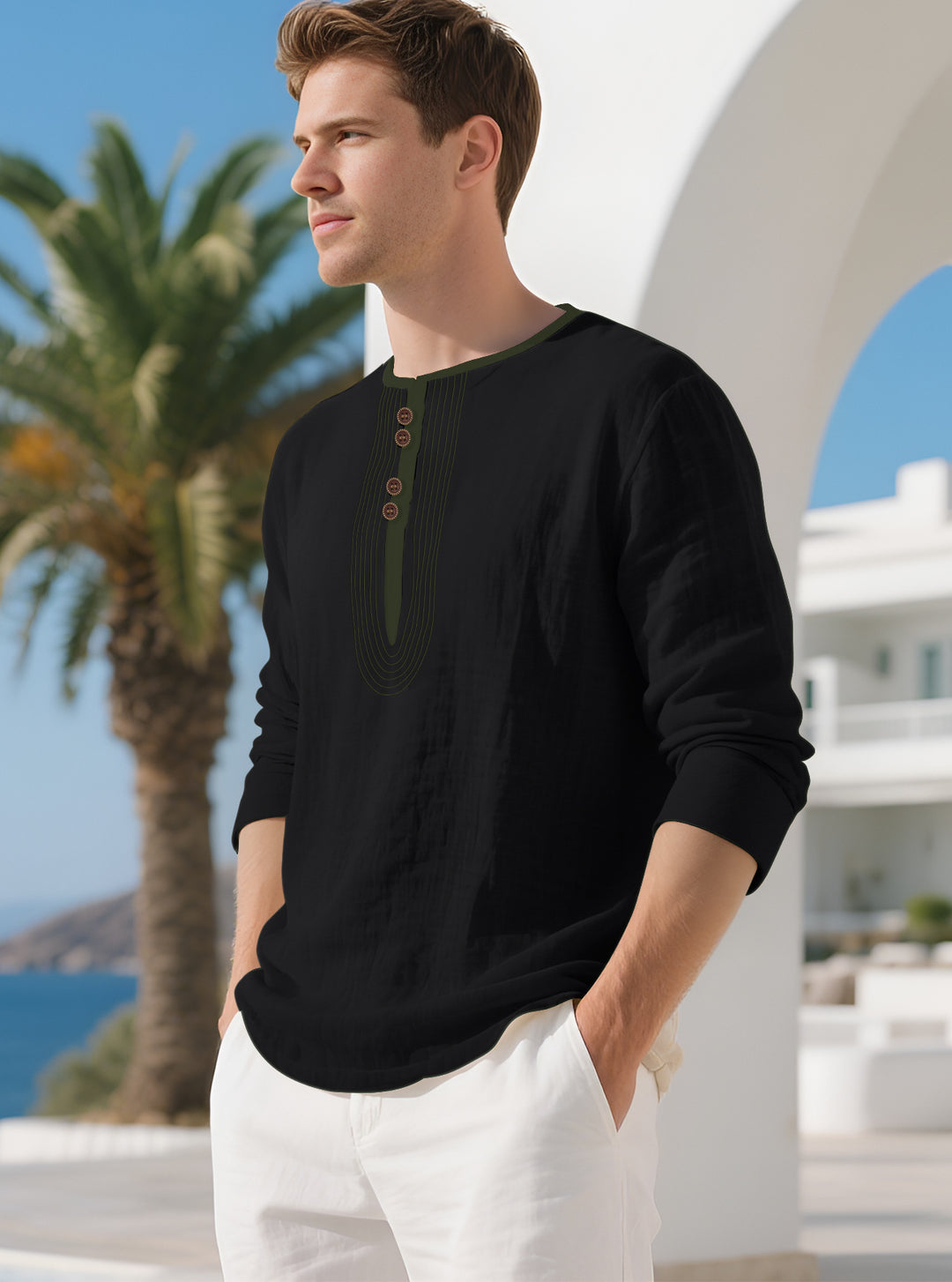 Herren nan lässiges Leinenmix-Langarmshirt mit dekorativer Knopfleiste und Ziersteppung Echo Archiv