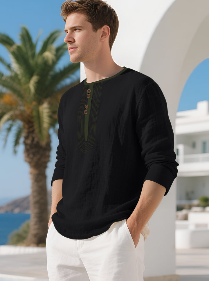 Herren nan lässiges Leinenmix-Langarmshirt mit dekorativer Knopfleiste und Ziersteppung Echo Archiv