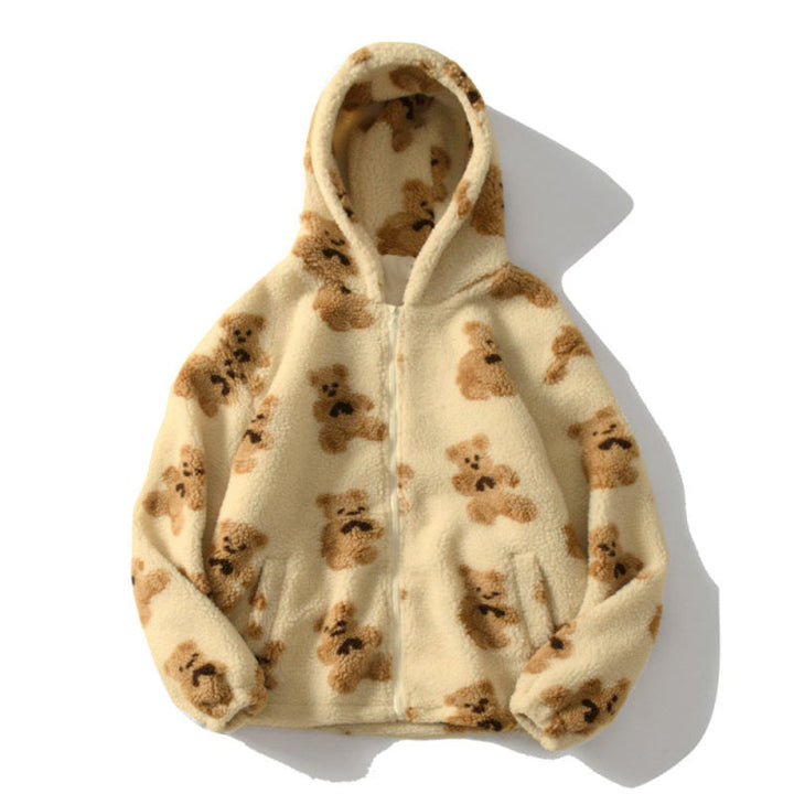 Damen gemütliche Fleecejacke mit Kapuze und süßem Bärenmuster Echoarchiv
