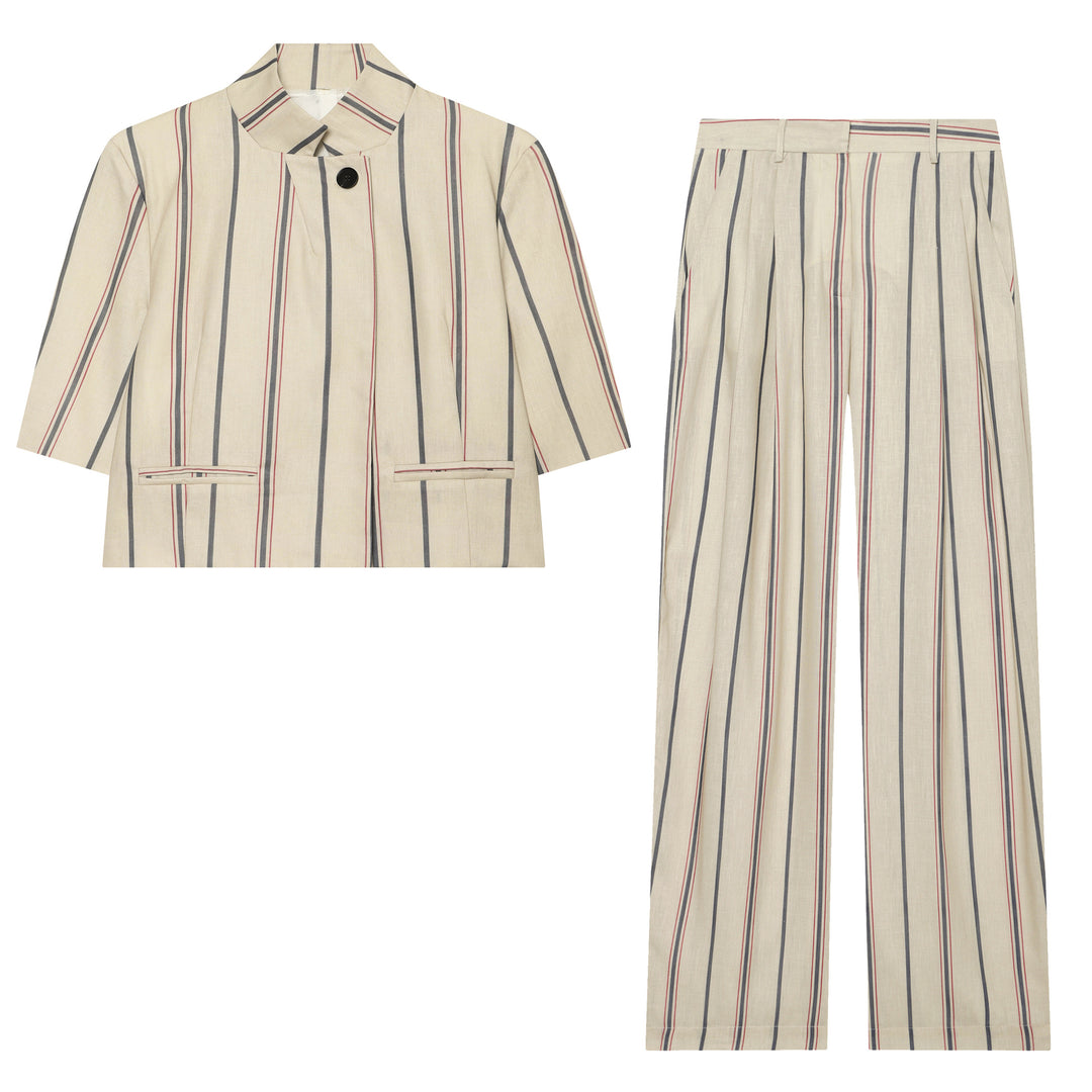 Damen Weite Leinenhose mit Bundfalten, hohem Bund und Längsstreifen Echoarchiv